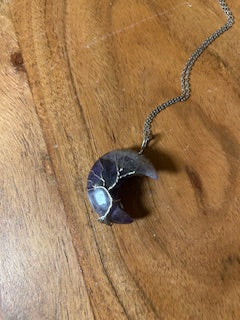 Crystal Necklace - Silver Wrapped Amethyst Crescent
