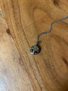 Crystal Necklace - Silver Wrapped Circle Green and Pink