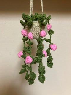 Crochet Hanging Plant - Pink Flowers