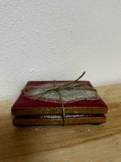 2 Red & Quartz Crystal Coasters